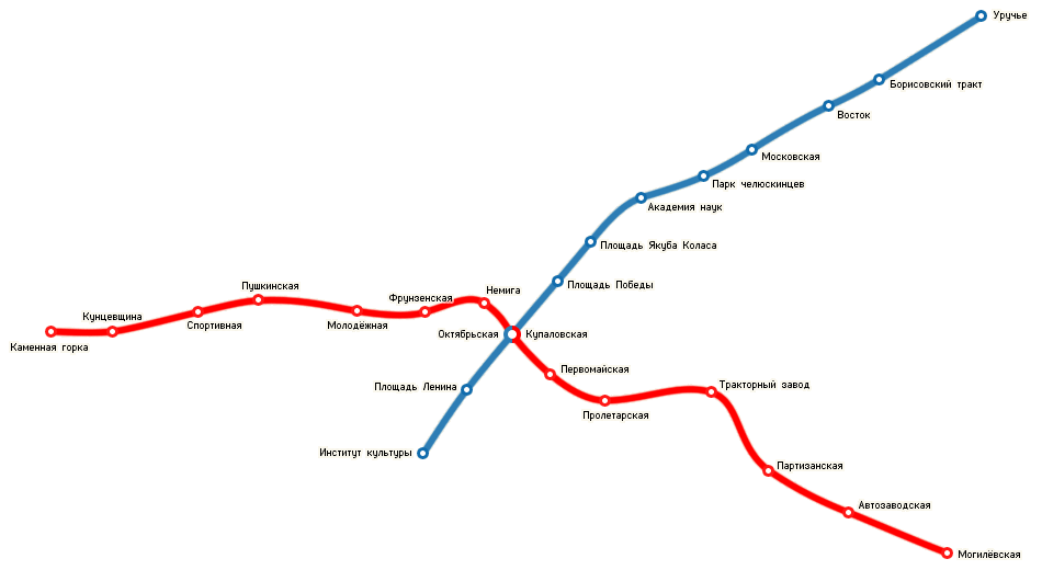 Карта метро Минска, на которой линии и станции расположены в соответствии с картой города